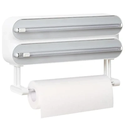 Imagen de Quasziwa Dispensador Papel Aluminio y Film con Portarrollos Cocina Organizador Mejorado Magnético de Transparente Hoja Afilada Larga duración, Soporte 3 en 1, Blanco