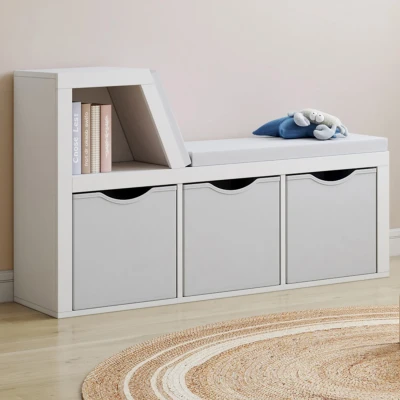 Imagen de Banco librería OSCAR 4 compartimentos con cojines grises y bandejas de tela 102 cm blanco