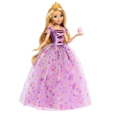 Imagen de Mattel Disney Princess Celebración de cumpleaños Rapunzel, Muñeca princesa con vestido estampado confeti, la película Enrededados, juguete regalo para niños y niñas +3 años, HYC38