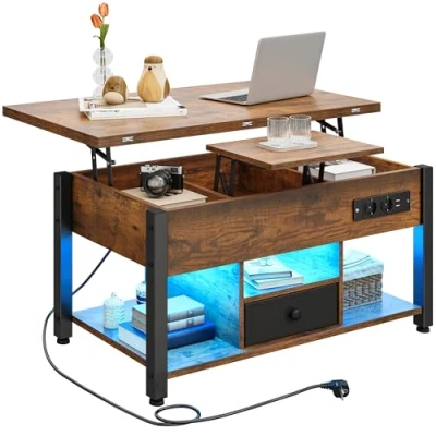 Imagen de YITAHOME mesa de centro con altura ajustable, multifunción 4 en 1 espacio almacenamiento e iluminación LED, convertible una comedor para el salón, color