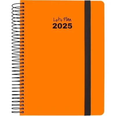 Imagen de Grafoplás Agenda Anual 2025 Neón 15x21cm Dia por Pagina Naranja Fluor Español Tapa Dura Forrada Papel Acabado Brillo Cierre Goma Esquinas Redondeadas Incluye Pegatinas