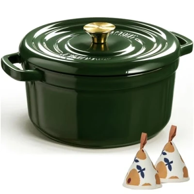 Imagen de Overmont Horno holandés de hierro fundido esmaltado, olla 5 cuartos con tapa, libro cocina y agarraderas algodón, utensilios resistentes para estofar, guisos, asar, hornear pan,