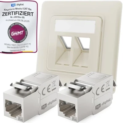 Imagen de hb digital Set de 2 puertos RAL9010 blanco puro + módulos Keystone RJ45 Cat.6a Caja empotrada LAN Ethernet hembra instalación red 500 MHz 10 Gbps STP