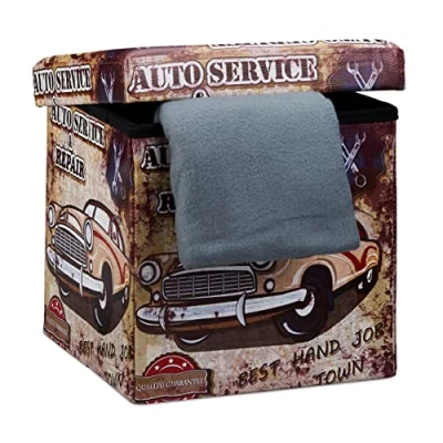 Imagen de Relaxdays Banco Taburete con Baúl, Cuero Sintético, 38 x cm, Carga 300Kg, Almacenamiento, Diseño Coche, Tablero de Fibras, 38x38x38 cm