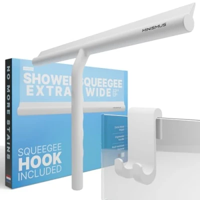 Imagen de Minismus Limpia Mamparas Ducha Cristal de Silicona para Puertas y Ventanas Rasqueta Limpiacristales Ducha, Baño Espejos Limpiador con Colgador sin Taladrar (33 cm, Blanco)