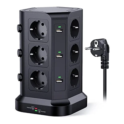 Imagen de KOOSLA Regleta para sobretensiones (4000 W/16 A), eléctrica con 6 Puertos USB y 12 enchufes, 3 interruptores, Cable de 2 m, Color Negro