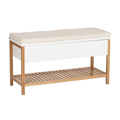 Imagen de Wenko Finja Zapatos con Compartimento, Banco Espacio de Almacenamiento, Zapatero y Asiento Acolchado, Bambú, Naturaleza, 90 x 52 35 cm
