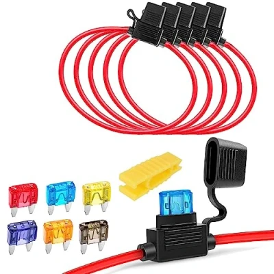 Imagen de Gebildet 5PCS 32V 20A Portafusibles Impermeable, 16AWG ATC en Línea con una Gorra, 6Piezas de Fusible Pequeña (3A 5A 7.5A 10A 15A 20A)