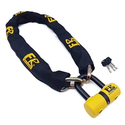 Imagen de FR SECURITE FR50120 Cadena Alta Seguridad Antirrobo Moto + Candado Disco Mini U ø13.5, 120cm Homologado Classe SRA, Robusto Antirobo Vesátil para Motocicleta, Scooter, Bici, Anclaje, Parking