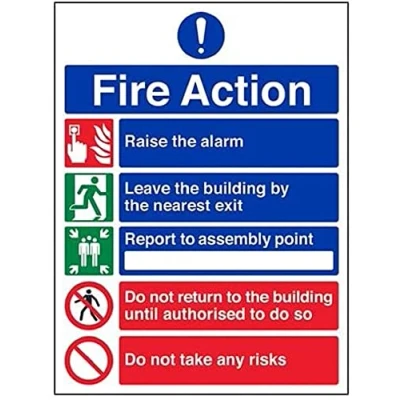 Imagen de vsafety 12006bc r Fire Action Sign, General acción/5 mensaje riesgos, plástico rígido, vertical, 300 mm x 400 mm, Negro/Azul/Verde/Rojo
