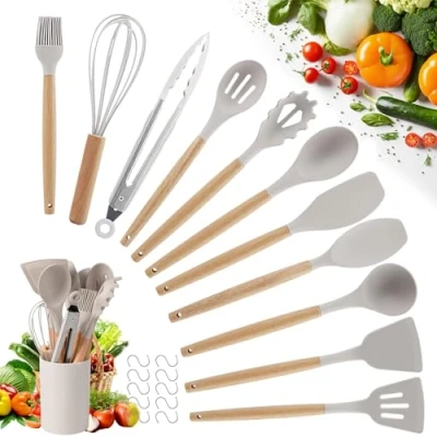Imagen de Utensilios De Cocina Silicona Set 22 Piezas Paletas Cocina, Espatulas Cosas Juego Incluye 10 Ganchos (Caqui)