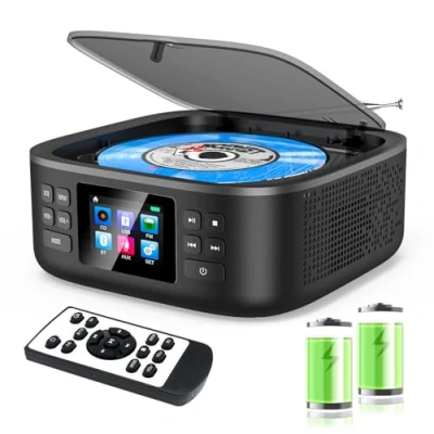 Imagen de Reproductor de CD Portátil, Boombox con Bluetooth, Mando a Distancia, Radio FM, Altavoz Estéreo Dual Integrado, Soporte USB/Entrada Auriculares AUX para Coche/Hogar