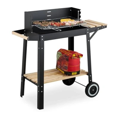 Imagen de Relaxdays Barbacoa Carbón con Ruedas, 2 Baldas, Rejilla Regulable en Altura, Paravientos, Parrilla 80,5x86x42 cm, Negro, Plástico, Madera, Acero