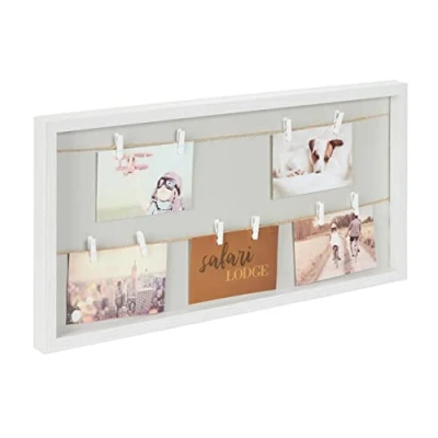 Imagen de Relaxdays Marco de Fotos Tendedero, Colgador Fotografías, 10 Pinzas y Cuerda para Postales o Dibujos, Blanco Gris, Tablero Fibras, 32 x 62 3 cm