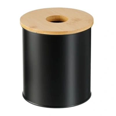 Imagen de Relaxdays Papelera de Baño, 2 litros, Tapa Bambú con Agujero, Basura Aseo Redonda, Cubo para Tocador, Negro, 15x13,5 cm