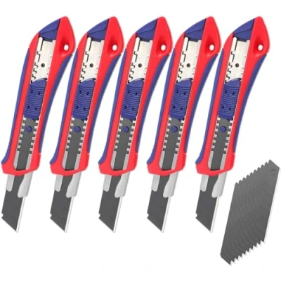 Imagen de WORKPRO Cúter Profesional 5 piezas, Cutter de Cuchillas Separables Estándar con Riel Acero Inoxidable, SK5 18 mm, 20 Hojas Recambio, Ideal para Cortar Papel, Cartón