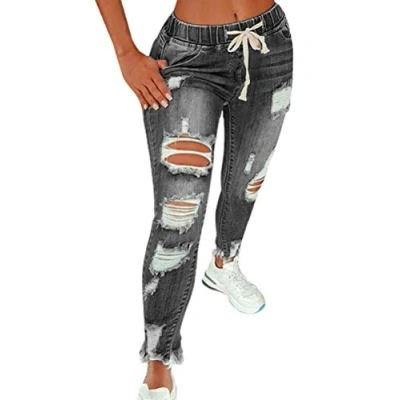 Imagen de Vaqueros Mujer Rotos EláStico Rectos Tejanos Skinny Slim Boyfriend Jeans Denim lápiz Pantalones con Cordón A Gris L