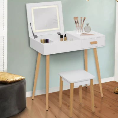 Imagen de LISA Mueble de tocador escandinavo con espejo plegable, luz LED y taburete blanco