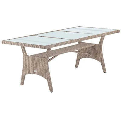 Imagen de CASARIA Mesa para Jardín Comedor 190x90x74cm Mueble Terraza Estante Vidrio de Seguridad Mesas Exterior Crema