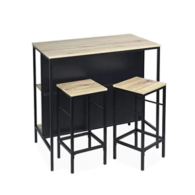 Imagen de sweeek Mesa Alta de Madera y Metal, 2 estantes, taburetes, Loft, Natural