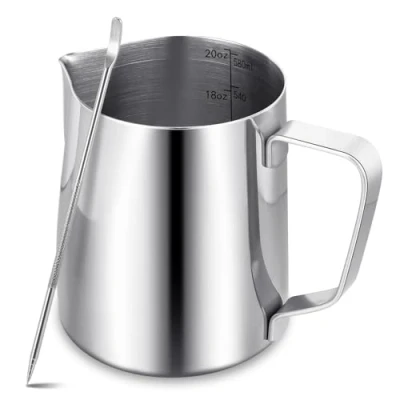 Imagen de jarra espumadora de leche para máquina café, 600 ml, acero inoxidable 304, con bolígrafo, accesorios metal capuchino, latte y espresso, apto lavavajillas