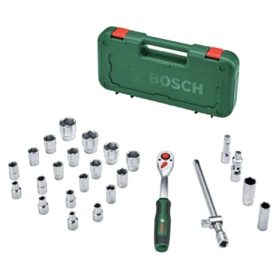 Imagen de Bosch Juego de carraca 1/2&quot;, 25 piezas (potente para bricolaje; alto par hasta 768 Nm; botón bloqueo; interruptor dirección; cuello curvado; empuñadura ergonómica; maletín)