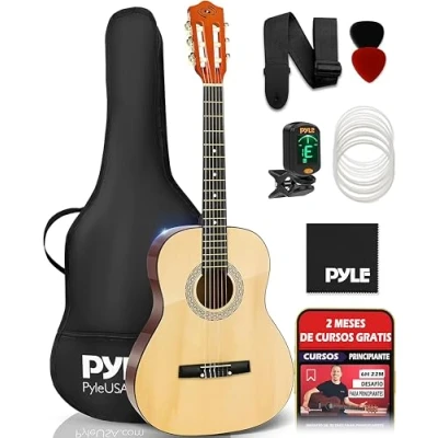 Imagen de Pyle kit de guitarra acustica clasica, 3/4 Tamaño juvenil, 36, Para principiantes, Niños, Adultos, Accesorios incluidos, Acabado mate natural