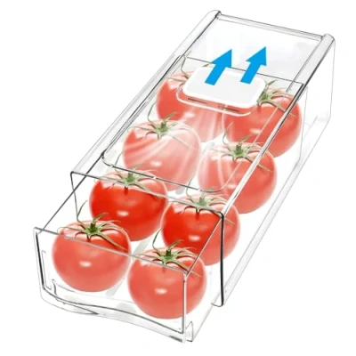Imagen de HEKOBAG Organizador Nevera Frigorifico Extraíble Apilable con Asa Transparente Bandeja Escurridora Orificio de Drenaje y Salida Aire para Cocina
