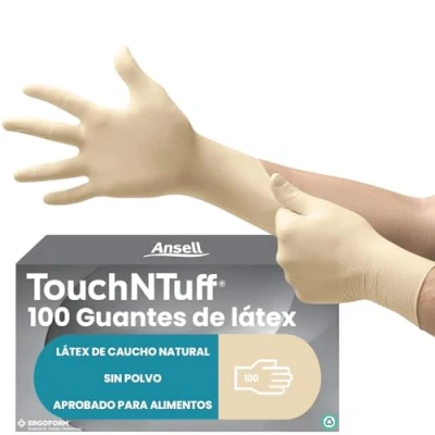 Imagen de Ansell TouchNTuff 69 318 Guantes Desechables Sin Polvo, Dedos Texturizados y Reforzados, Protección Mecánica, Seguridad Alimentaria, Látex de Caucho Natural, Blanco, Talla M (100 Guantes)