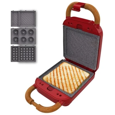Imagen de Cecotec Sandwichera Vintage Rock&#039;Ntoast Retro One Red. 700W, 3 Placas Intercambiables, Diseño Retro, Revestimiento Rockstone, Indicador Luminoso, Base Antideslizante, Asa Tacto Frío, Pinza Cierre
