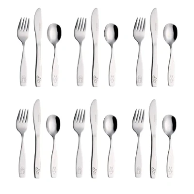 Imagen de EXZACT Cubertería infantil 18 pieza para niños de Acero Inoxidable 6 x cena cuchillo, tenedor, cuchar (Perro Gato Conejo 18)