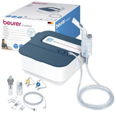 Imagen de Beurer IH 28 Pro Nebulizador, Juego de nebulizador con máscaras silicona y ducha nasal, tecnología aire comprimido por compresor alto rendimiento nebulización, para niños adultos