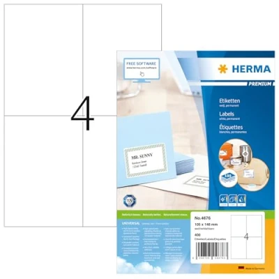 Imagen de HERMA 4676 etiquetas autoadhesivas para envío, 4 por hoja A4, 1400 hojas, 105 x 148 mm, 5600 etiquetas, adhesivas en blanco, impresora láser y de inyección