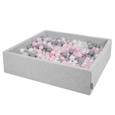 Imagen de KiddyMoon Piscina De Bolas 120X30cm/300 El Cuadrado Grande para Ninos,Hecha En La UE, Gris Claro:Perla/Gris/Transparente/Rosaclr