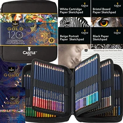 Imagen de Castle Art Supplies Estuche 120 Lápices Colores Calidad Oro+Accesorios Minas Color a Base Aceite, Aportan Nitidez y Resistencia Roturas Artistas, Ilustradores con Cremallera
