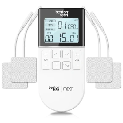 Imagen de Boston Tech® Electro estimulador Muscular 3 en 1: TENS + EMS Fitness Alivio eficaz del Dolor Entrenamiento 2 Canales 50 Modos 16 Niveles de Intensidad Incluye Estuche 4 Electrodos
