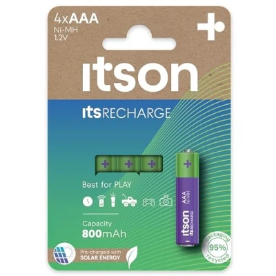 Imagen de ITSON, Pilas Recargables AAA, Paquete de 4, precargadas, Capacidad mínima 800 mAh, Embalaje con 95% Materiales reciclados, batería Recargable, Made in Japan