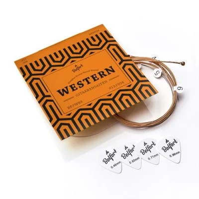 Imagen de BELFORT® cuerdas para guitarra Western 013/056 bronce de fósforo premium (6 cuerdas) acústica y occidental Incluye 4 púas + cuerda electrónica extra acústicas
