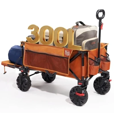 Imagen de TIMBER RIDGE Carrito de playa plegable 300 litros con frenos y portón trasero ajustable, capacidad 135 kg ruedas anchas desmontables para acampar al aire libre, jardín, naranja