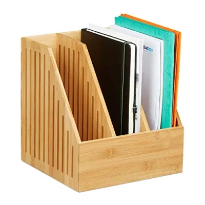 Imagen de Relaxdays Colector de bambú Clasificador Documentos, 3 Compartimentos, DIN A4, Organizador Escritorio, 30x28x26,5 cm, 1 Ud, Marrón