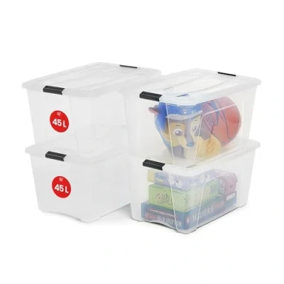Imagen de Iris Ohyama 4 Cajas de almacenamiento con tapas, 45L, Transparente, Clips Cierre, Duradero, Apilable, para Dormitorio, Armario, Oficina, Organizadora, Ropa, Libre BPA, NTB 45