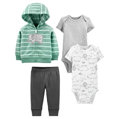 Imagen de Simple Joys by Carter&#039;s 4 Piece Jacket, Pant, and Bodysuit Set Juego de Canastilla, Blanco Animales del Bosque/Gris/Gris Oscuro/Verde Menta Elefante, 0 Meses para Bebés