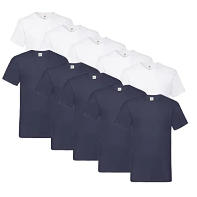 Imagen de Fruit of the Loom Camiseta de cuello en V para hombre (10 unidades), 5 x blanco, azul marino profundo + 1 bloque hlkauf, L