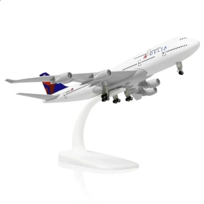 Imagen de QIYUMOKE Boeing 747 Delta Airlines 1/300 Modelo de avión Metal Fundido a presión con Soporte aleación exhibición, Kit Coleccionable para entusiastas la aviación…