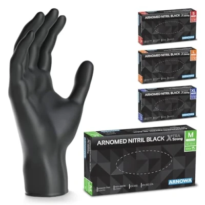 Imagen de ARNOMED guantes nitrilo extra fuerte talla M, de 50% más gruesos, negro,100 uds/caja, sin polvo, látex, S, L y XL, desechables