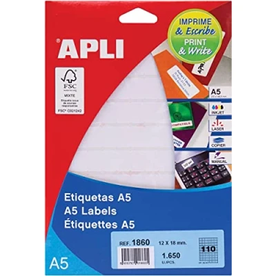 Imagen de APLI 1860 Etiquetas A5 blancas 12,0 x 18,0 mm 15 hojas