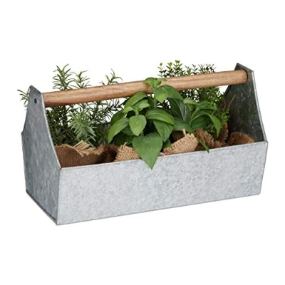 Imagen de Relaxdays Jardinera Metal con Asa de Madera, Hierro Galvanizado, Macetero para Plantas y Hierbas, 20x36x20 cm, Plateado