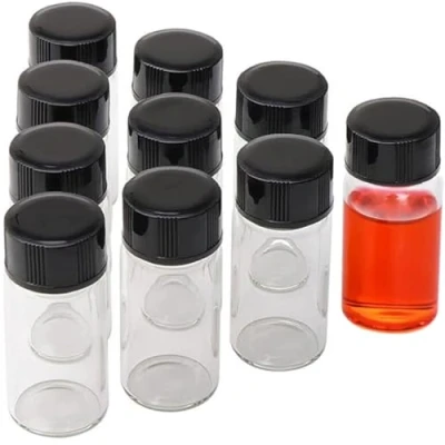 Imagen de LCOUACEO Botellas de Muestra Vidrio 20ml, para Muestras con Tapa Negra Rosca, Mini Cristal Transparente Vacíos Viales Aceites Esenciales, Manualidades y Regalitos Bodas