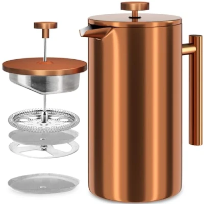 Imagen de KICHLY Cafetera de prensa francesa acero inoxidable espresso y tetera con triple filtro Vidrio resistente al calor émbolo 34 oz (1,0 litros) Bronce
