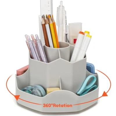 Imagen de Euqvunn Organizador Escritorio Rotatorio, Lapiceros para con 9 Compartimentos Independientes, Portalapices 360 Ahorra Espacio Multifuncional Accesorios Escritorio(Gris)